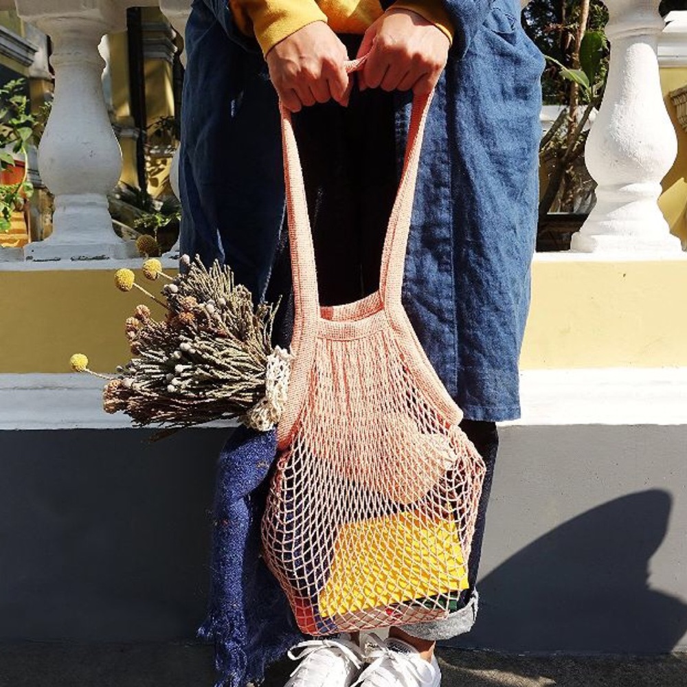 Cotton French Market Open Net Tote Bag Peach - Picture 2 of 7